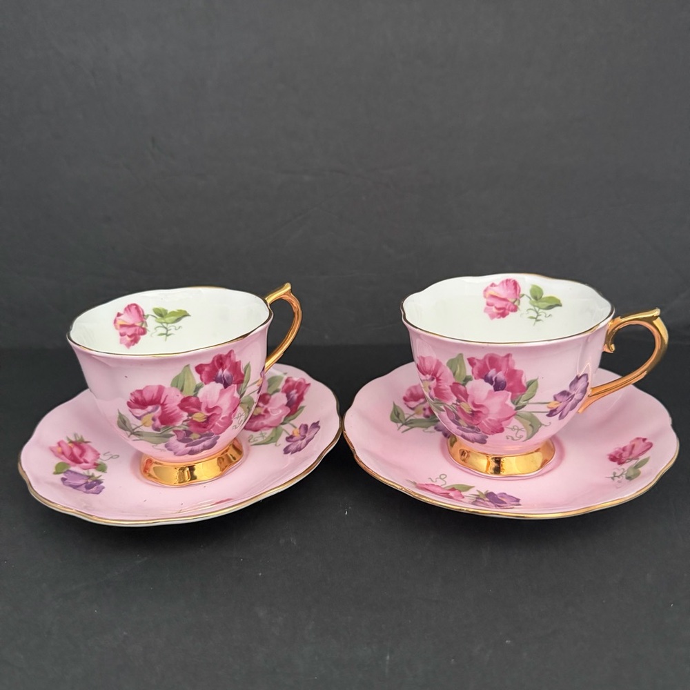 Set of 2 Royal Albert Pink Floral Teacup and Saucer Set with Gold Accents